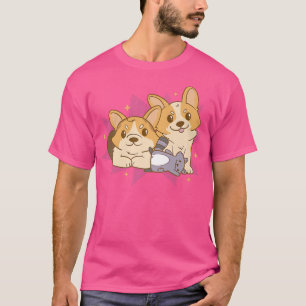 Niedliche Corgi Hunde spielen mit Raccoon Puppy Pe T-Shirt