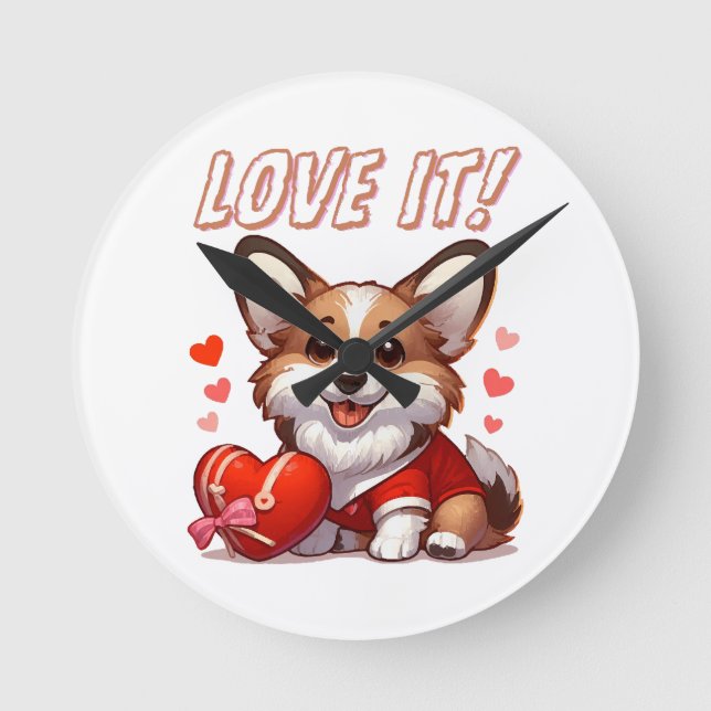Niedliche Corgi-Liebe Runde Wanduhr (Vorderseite)