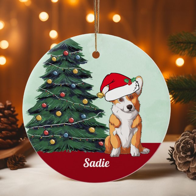 Niedliche Corgi Weihnachtsmannmütze Mit Monogramm  Keramik Ornament (Von Creator hochgeladen)