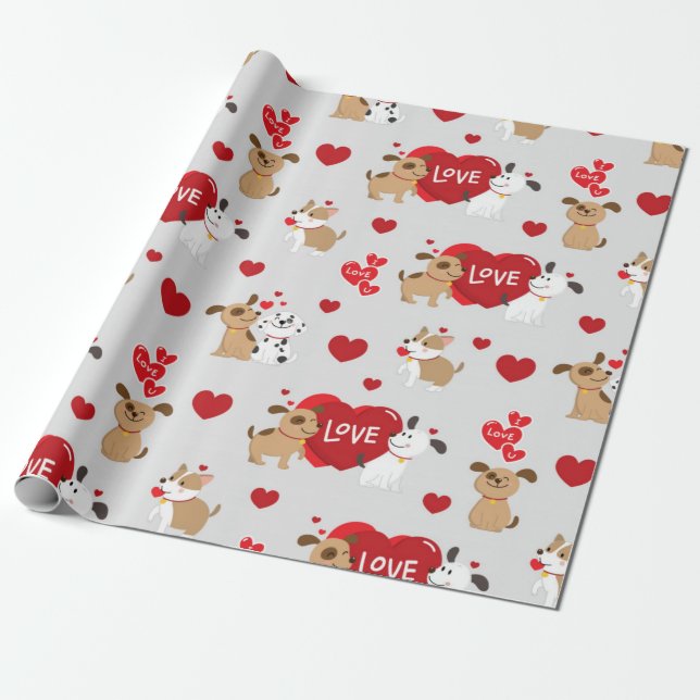 Niedliche Couple Puppies Liebe Muster Geschenkpapier (Ungerollt)