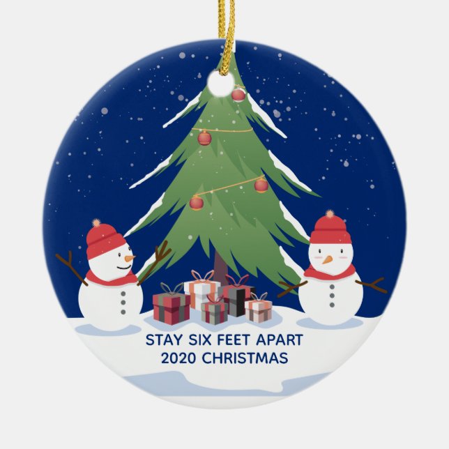 Niedliche Covid Weihnachtsschneemänner Bleibe 6 Me Keramik Ornament (Vorne)