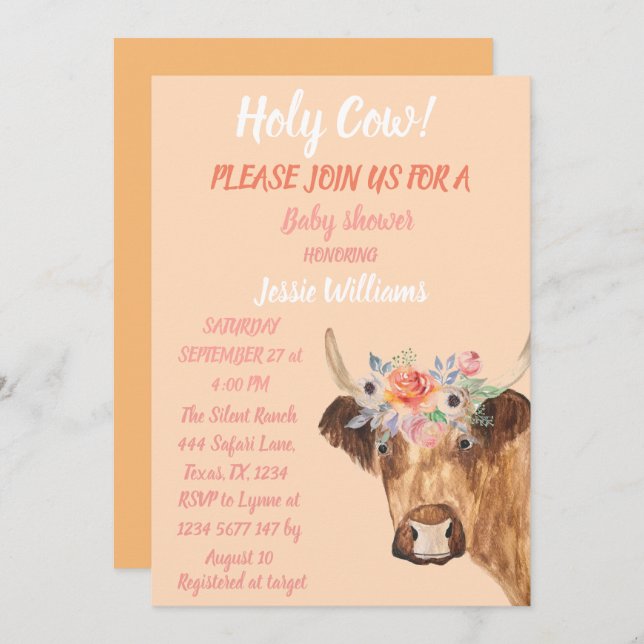 Niedliche Cow Boho Country Baby Girl Western in Einladung (Vorne/Hinten)