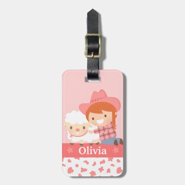 Niedliche Cowgirl und Lamb Girls Personalisiert Pi Gepäckanhänger (Vorderseite vertikal)