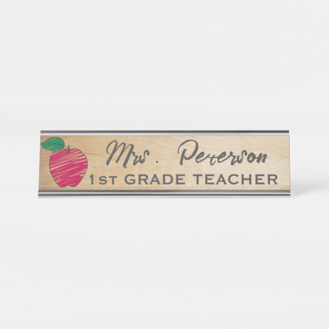 Niedliche Crayon Apple Personalisierte Holzlehreri Schreibtischnamensplakette (Vorderseite )