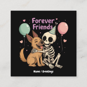 Niedliche Creepy Skeleton Hugging German Shepherd Quadratische Visitenkarte