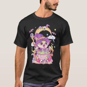 Niedliche Creepy Witchy Cat and Skull Pastel Goth T-Shirt