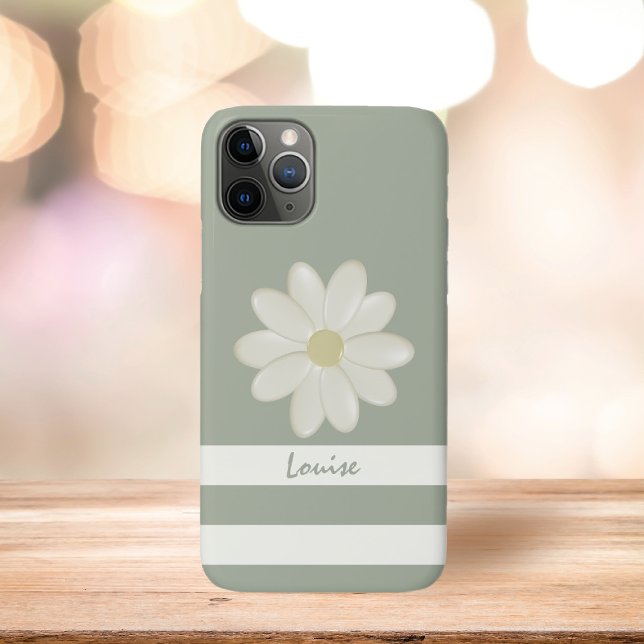 Niedliche Creme Daisy Blume Streifen Farbe Grün Na Case-Mate iPhone Hülle (Sage green and cream daisy phone case with space for your name)