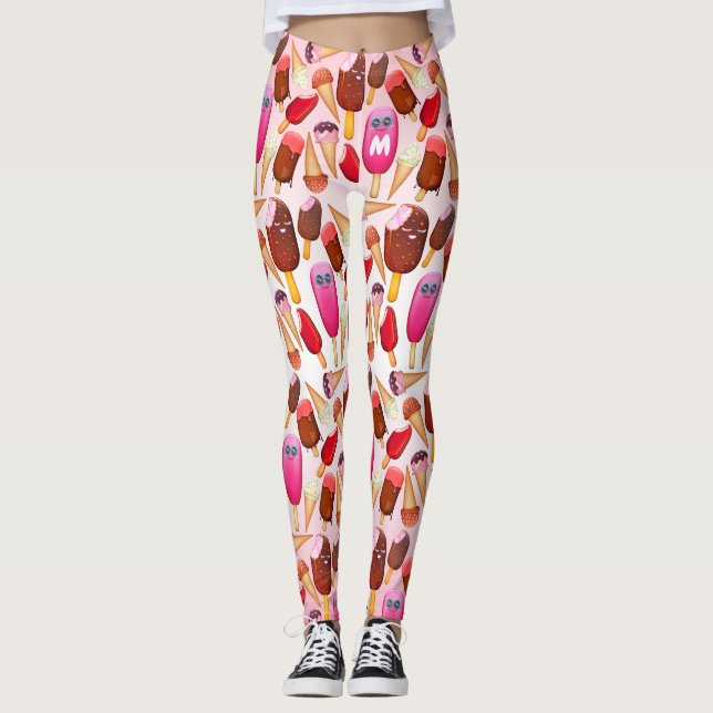 Niedliche Creme-Kon-Population Monogramm-Süßigkeit Leggings (Vorderseite)
