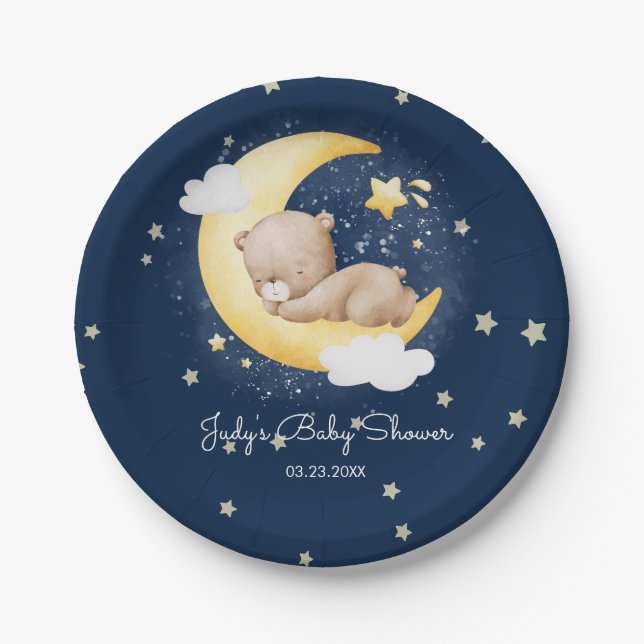 Niedliche Crescent Navy Moon Teddy Bear Baby Dusch Pappteller (Vorderseite)