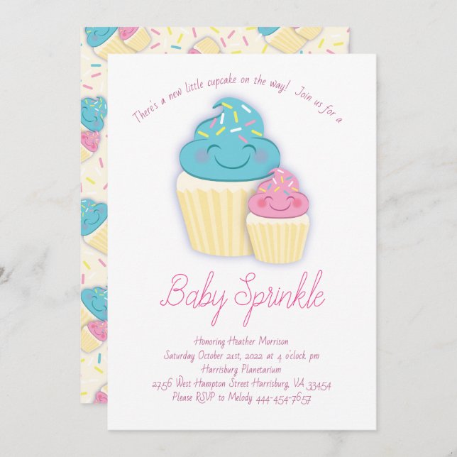 Niedliche Cupcake Baby Sprinkle Dusche Einladung (Vorne/Hinten)