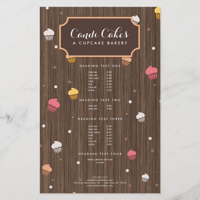 Niedliche Cupcakes Bäckerei Muster Brown Wood Flyer (Vorne)