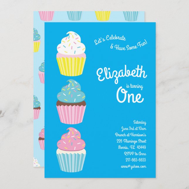 Niedliche Cupcakes Kinder 1 Geburtstag Party Einladung (Vorne/Hinten)