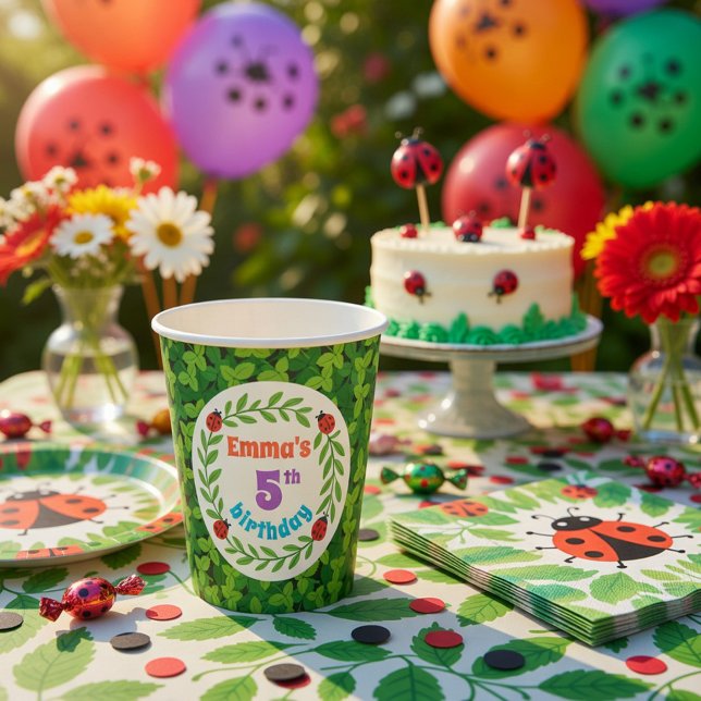 Niedliche Custom Ladybug & Leaf 5. Geburtstag Pappbecher (Von Creator hochgeladen)
