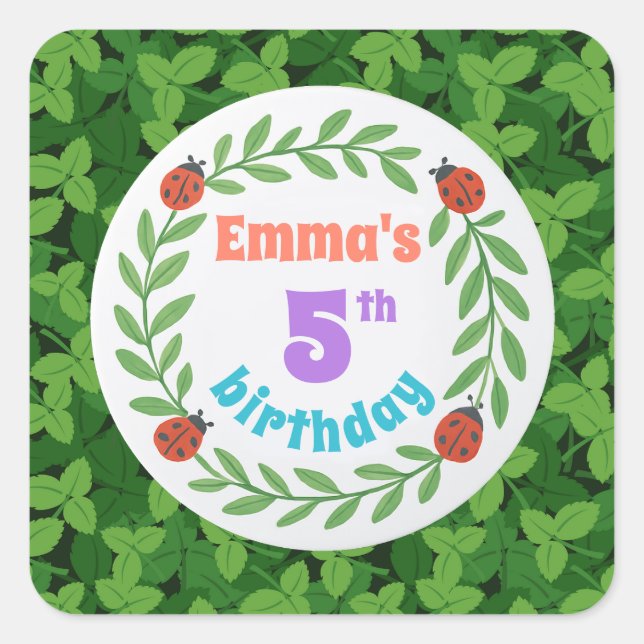 Niedliche Custom Ladybug & Leaf 5. Geburtstag Quadratischer Aufkleber (Vorderseite)