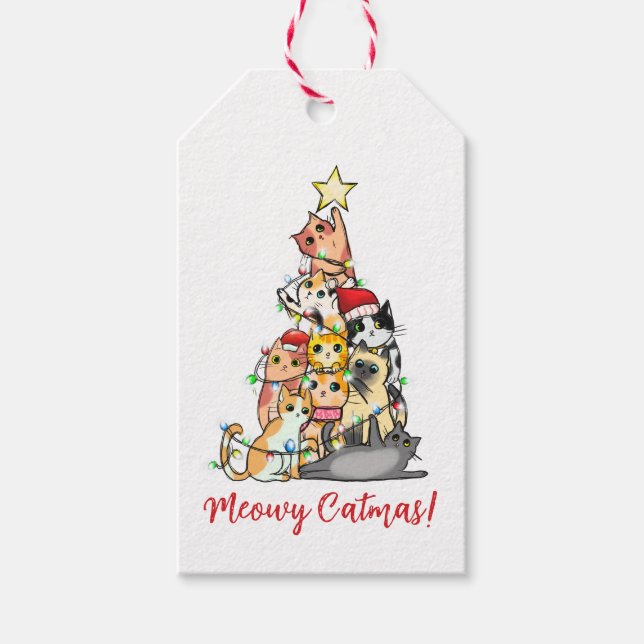 Niedliche Custom Meowy Catmas Katzen Weihnachtsbau Geschenkanhänger (Vorderseite)