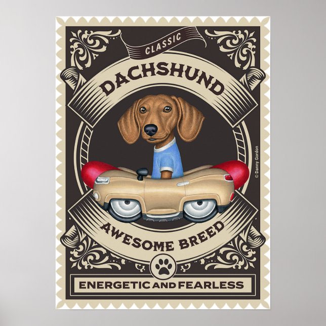 Niedliche Dackel Driving Golden Sausage Car Poster (Vorne)