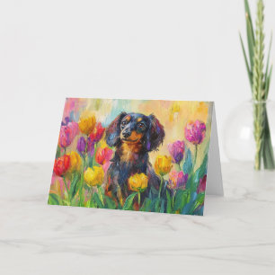 Niedliche Dackel Farbenfrohe Tulips Malerei Karte