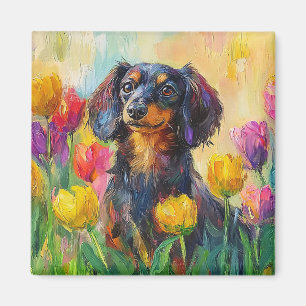 Niedliche Dackel Farbenfrohe Tulips Malerei Magnet
