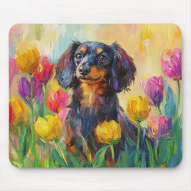 Niedliche Dackel Farbenfrohe Tulips Malerei Mousepad (Vorne)