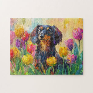 Niedliche Dackel Farbenfrohe Tulips Malerei Puzzle