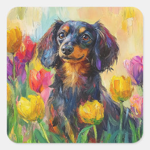 Niedliche Dackel Farbenfrohe Tulips Malerei Quadratischer Aufkleber