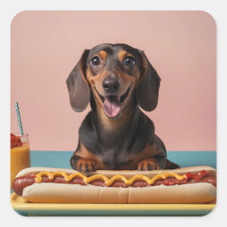 Niedliche Dackel mit Hot Dog Quadratischer Aufkleber