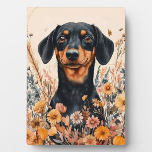 Niedliche Dackel mit Wildblumen Malerei Fotoplatte