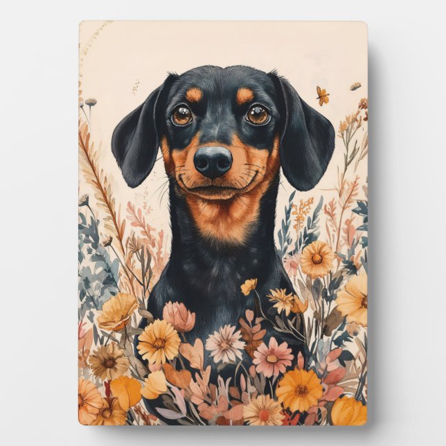 Niedliche Dackel mit Wildblumen Malerei Fotoplatte (Vorderseite)