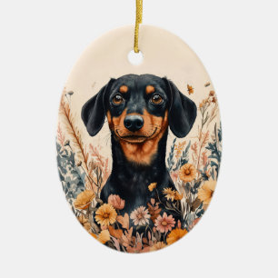 Niedliche Dackel mit Wildblumen Malerei Keramik Ornament