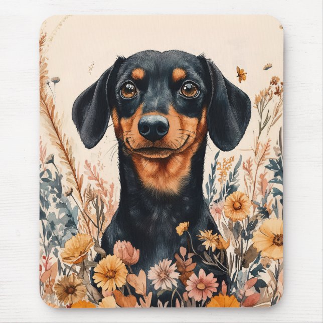 Niedliche Dackel mit Wildblumen Malerei Mousepad (Vorne)