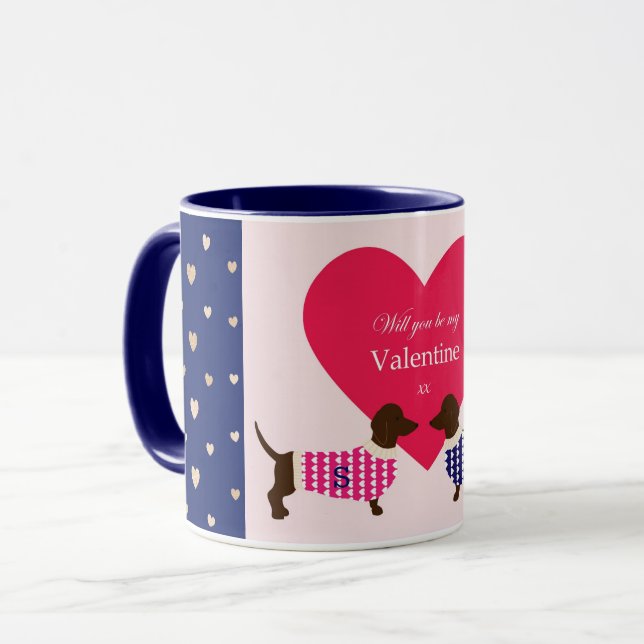 Niedliche Dackel Valentine Dog Monogramm Spaß Tasse (Vorderseite Links)