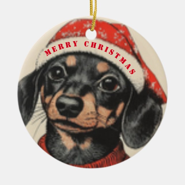 Niedliche Dackel, Vintag frohe Weihnachten Keramik Ornament (Vorne)