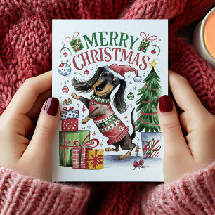 Niedliche Dackel Wasserfarbe Weihnachtskarte Feiertagskarte