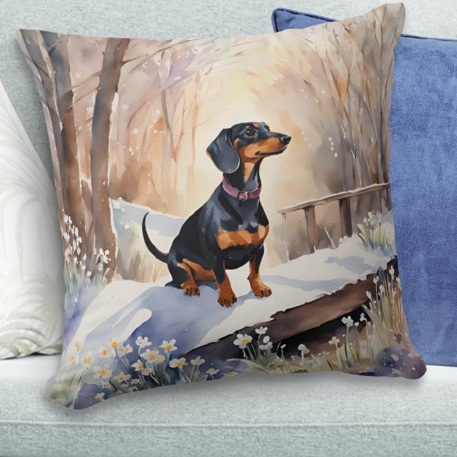 Niedliche Dackel Winterschnee Wasserfarben Hundezu Kissen (A throw pillow with beautiful picture of a dachshund in snow, in a watercolor style)