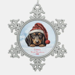 Niedliche Dackeln Welpen Hund Weihnachtsmannmütze Schneeflocken Zinn-Ornament