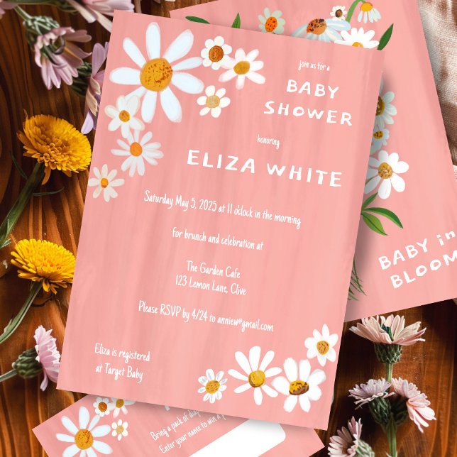 Niedliche Daisy Bouquet handbemalt Babydusche Einladung (Cute Daisy Bouquet Handpainted Custom Baby Shower Invitation Pink Baby Girl Baby in Bloom Floral)