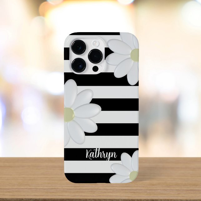 Niedliche Daisy-Floral Black und White Stripes Case-Mate iPhone Hülle (A cute black and white striped daisy phone case with space for your name)