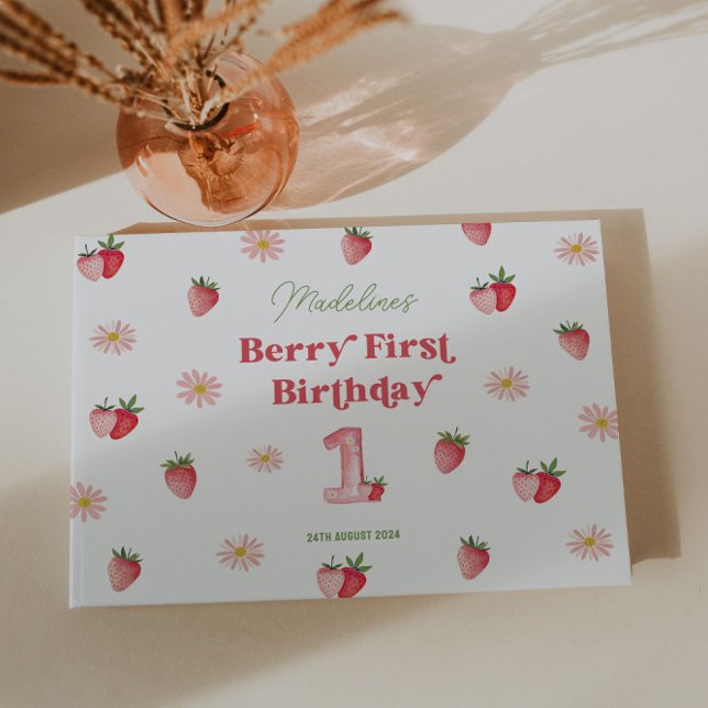 Niedliche Daisy und Strawberry zum ersten Geburtst Gästebuch (Berry Sweet First Birthday Guest Book featuring Adorable Paste Daises & Berries for a cute Keepsake)