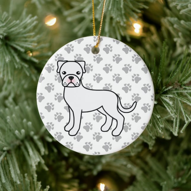 Niedliche Darstellung und Paws des weißen Boxerdog Keramik Ornament (Baum)