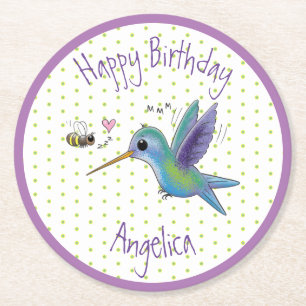 Niedliche Darstellung von Kolibris und Bienen-Cart Runder Pappuntersetzer