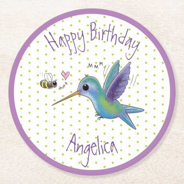 Niedliche Darstellung von Kolibris und Bienen-Cart Runder Pappuntersetzer (Vorderseite)