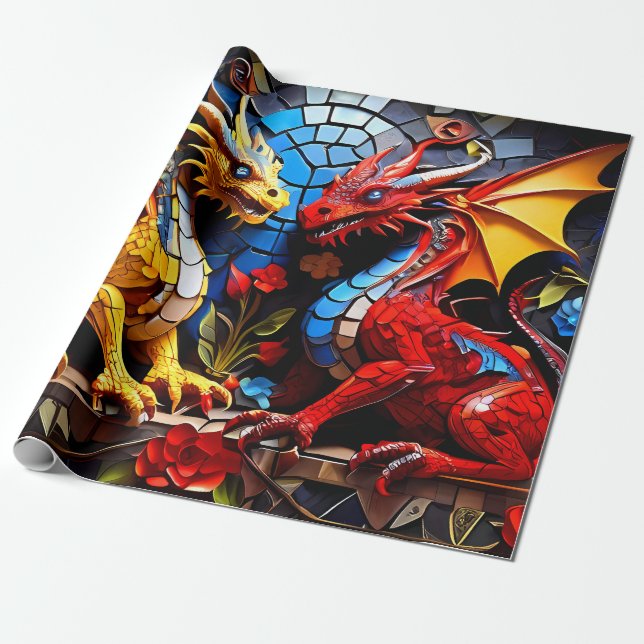 Niedliche Dekorationspapier farbige Drachen Geschenkpapier (Ungerollt)