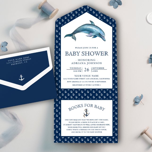 Niedliche Delphin Nautical Navy Blue Baby Dusche All In One Einladung (Von Creator hochgeladen)
