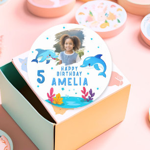 Niedliche Delphintiere Foto Geburtstag Runder Aufkleber