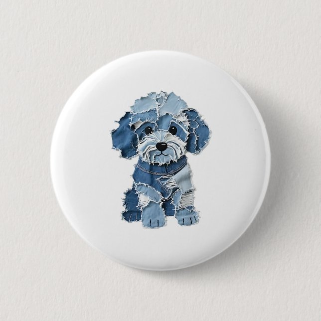 Niedliche Denim Patchwork Hundelabbildung Button (Vorderseite)