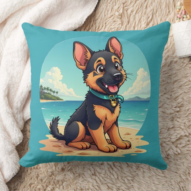 Niedliche Deutscher Schäferhund Welpe Beach Illust Kissen (Decke)