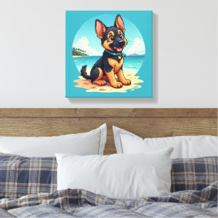Niedliche Deutscher Schäferhund Welpe Beach Illust Leinwanddruck