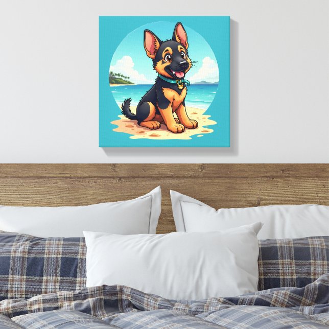 Niedliche Deutscher Schäferhund Welpe Beach Illust Leinwanddruck (Insitu (Schlafzimmer))