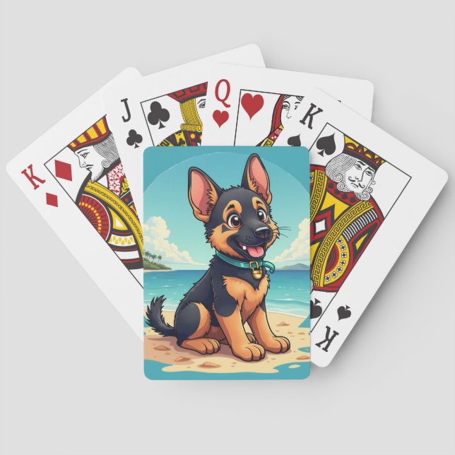 Niedliche Deutscher Schäferhund Welpe Beach Illust Spielkarten (Rückseite)