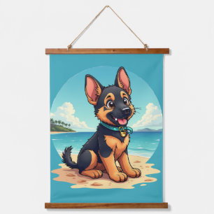 Niedliche Deutscher Schäferhund Welpe Beach Illust Wandteppich Mit Holzrahmen